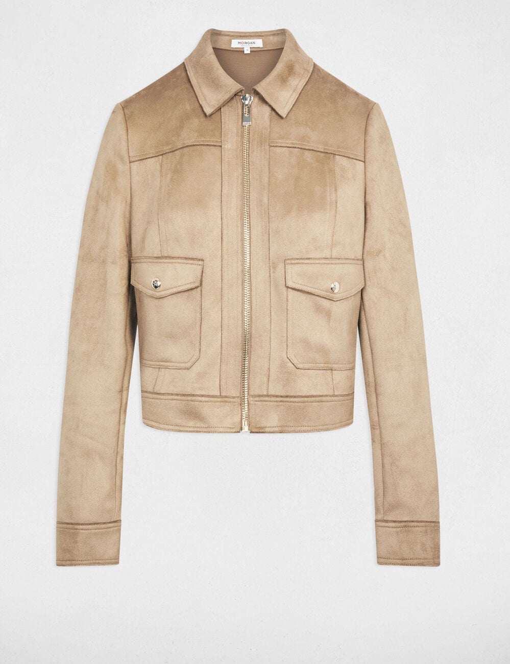 Blouson court su&eacute;dine taupe femme