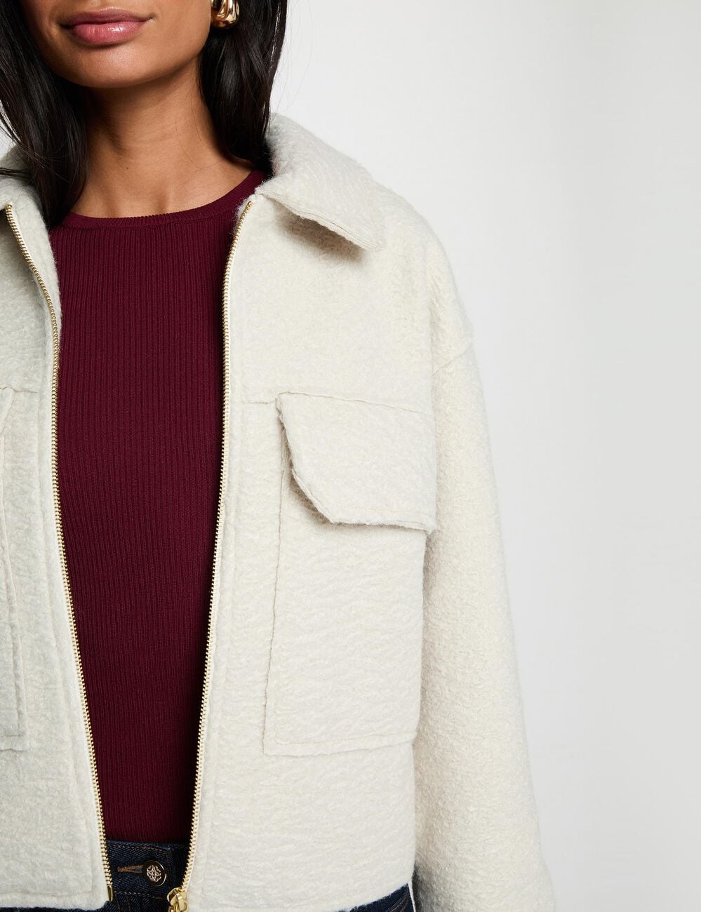 Manteau court duveteux ivoire femme