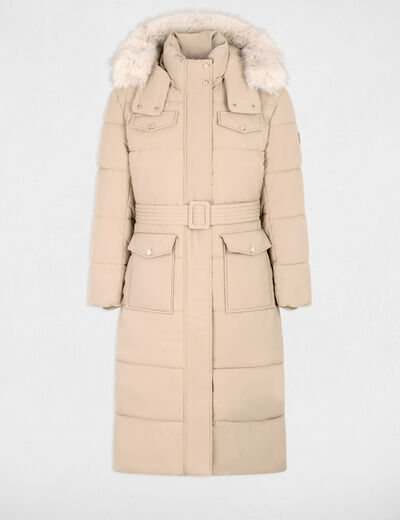 Doudoune longue ceintur&eacute;e beige femme