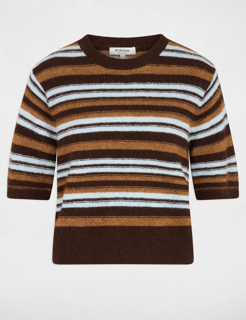 Pull manches courtes ray&eacute; marron femme