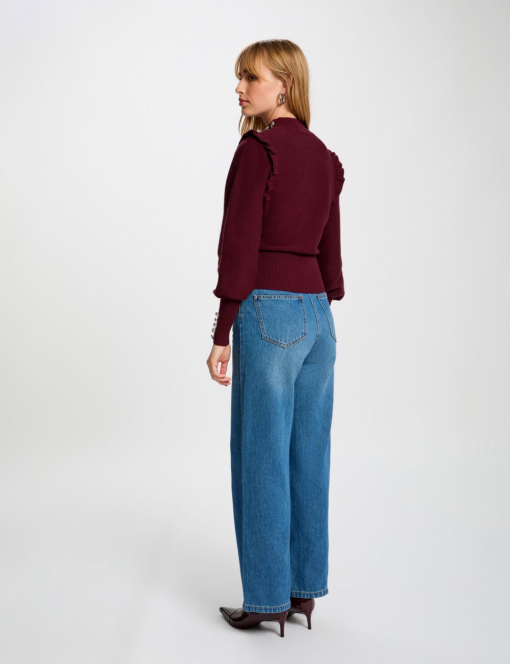 Pull manches longues avec volants prune femme