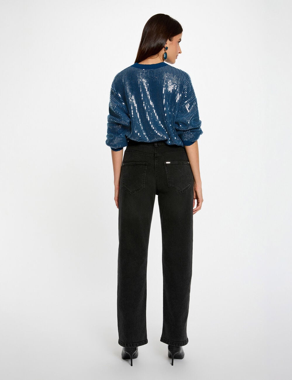 Pull sequins col rond bleu p&eacute;trole femme