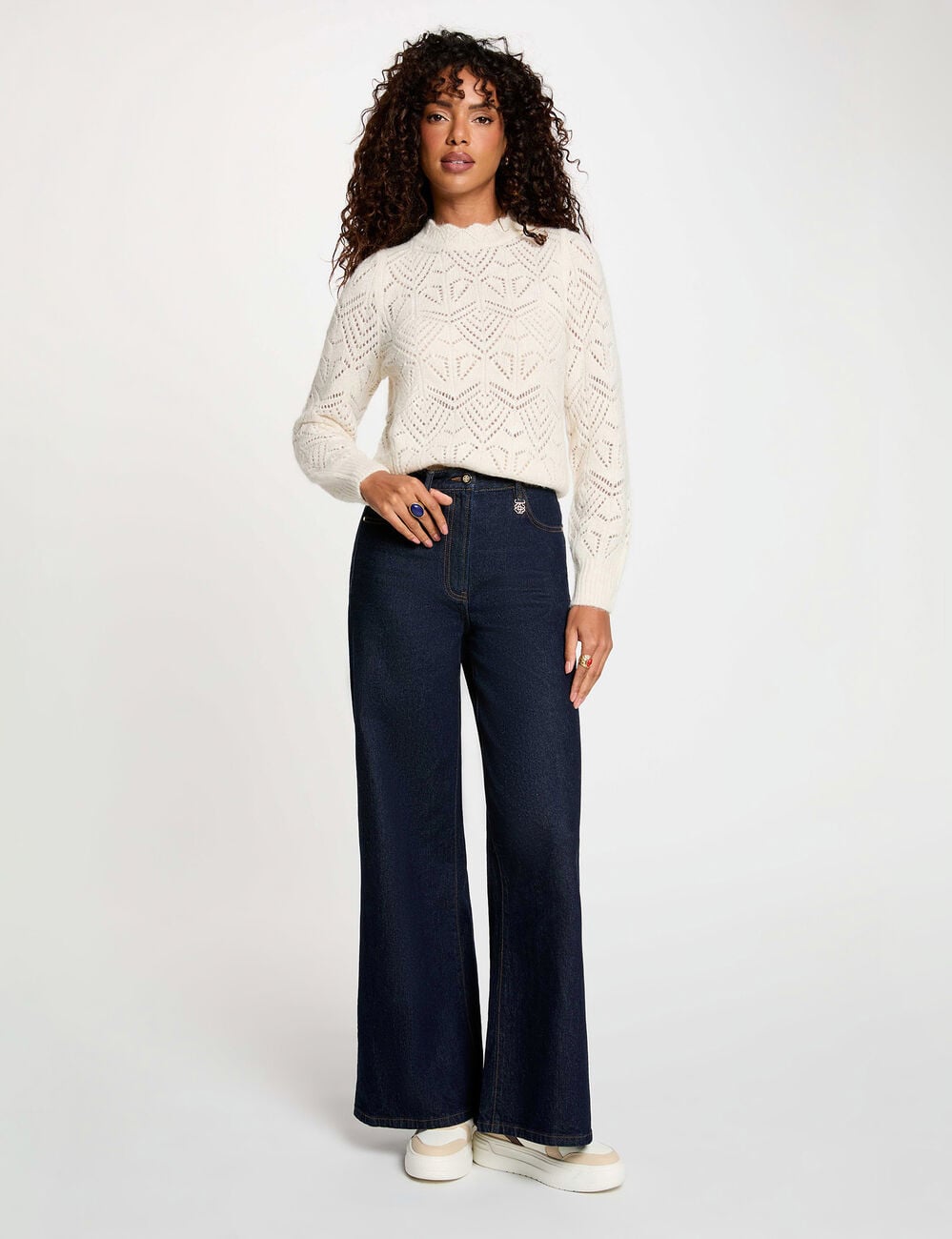 Pull ajour&eacute; col rond ivoire femme