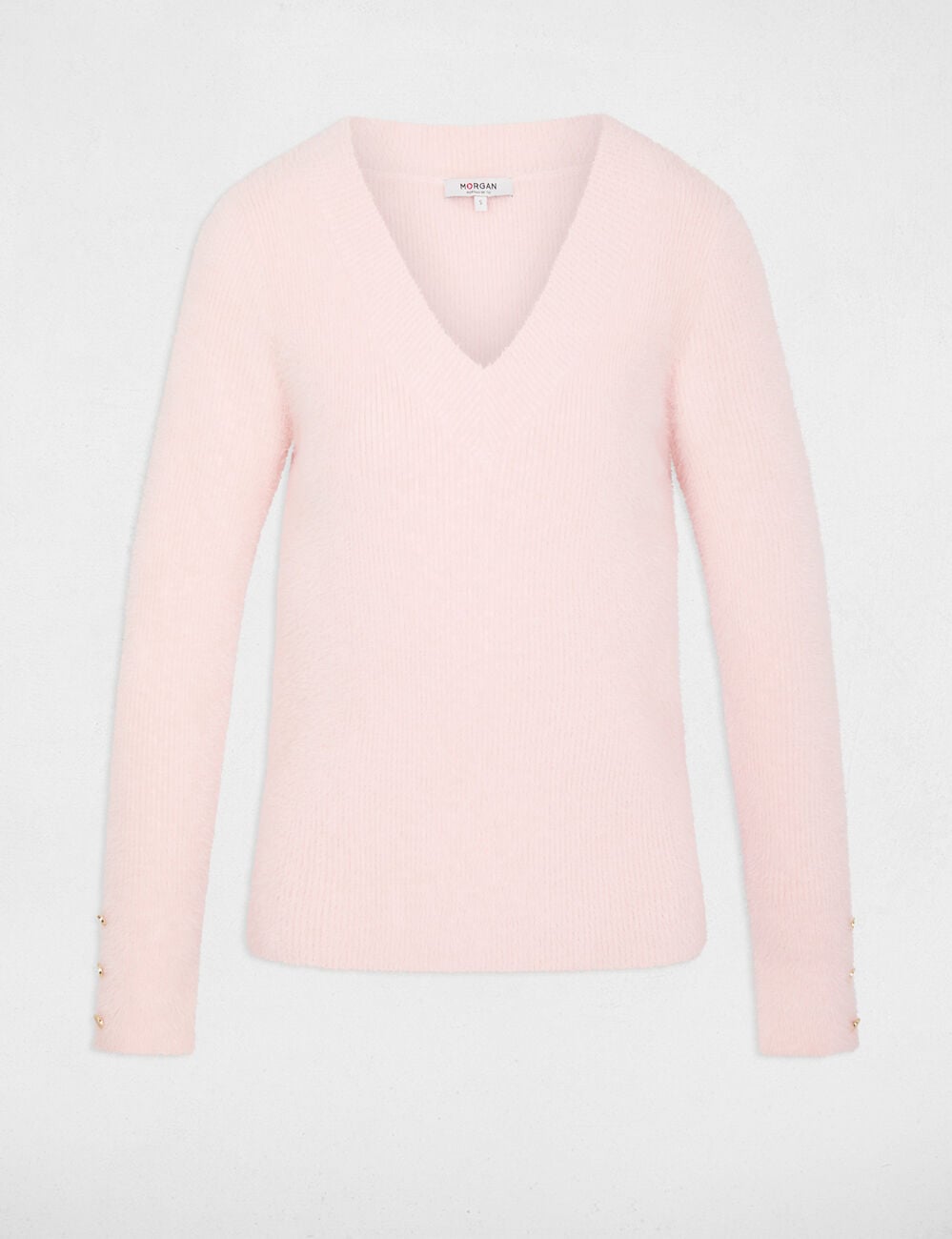 Pull col v manches longues rose clair femme