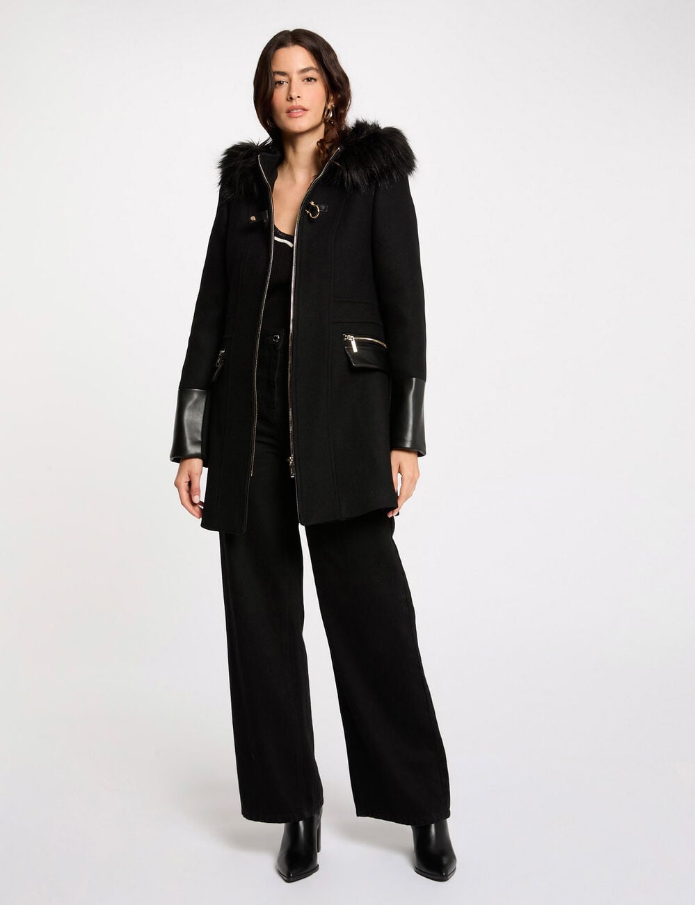 Manteau droit zipp&eacute; &agrave; capuche noir femme