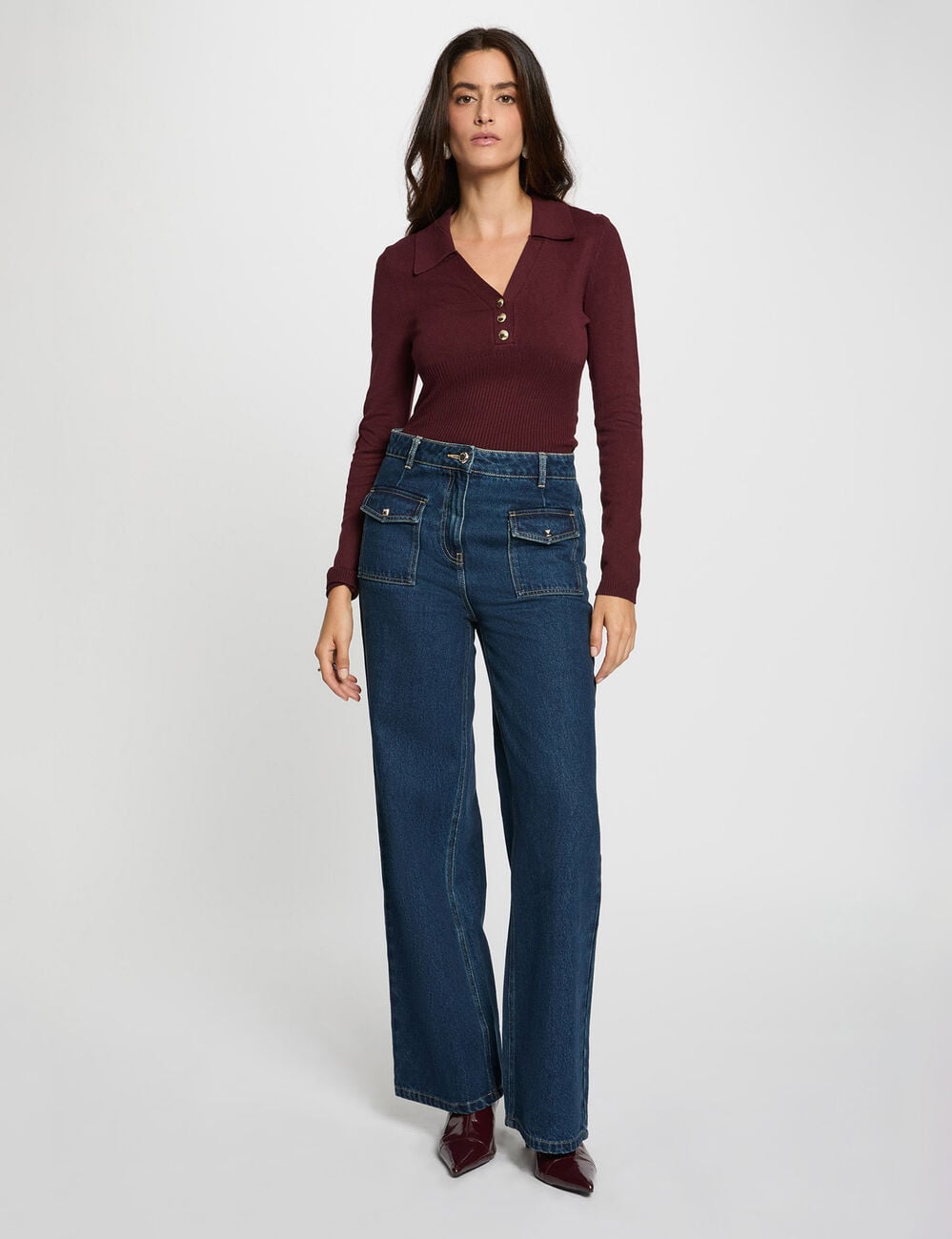 Pull ajust&eacute; col polo prune femme