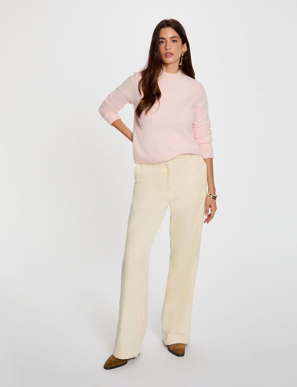 Pull col montant ajust&eacute; rose clair femme