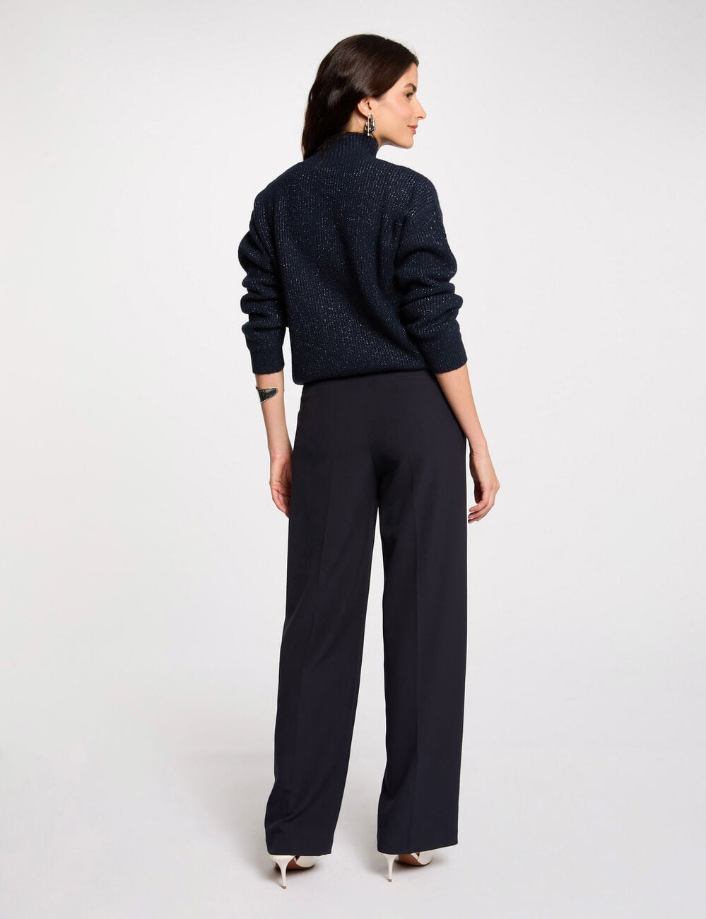 Pantalon droit &agrave; pinces bleu marine femme