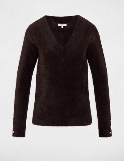 Pull col v manches longues marron fonc&eacute; femme