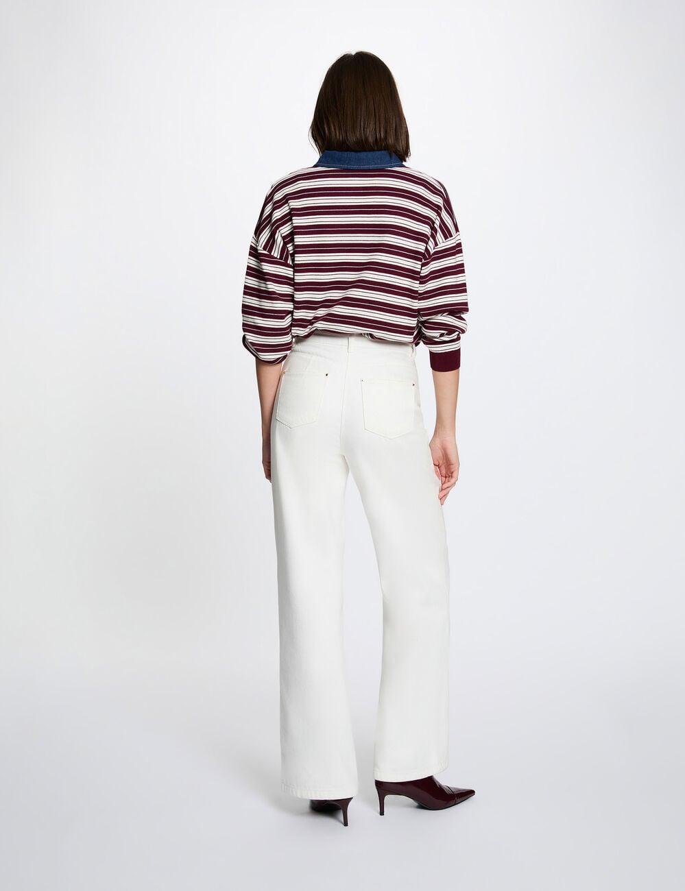 Pull ray&eacute; col &agrave; revers bordeaux femme