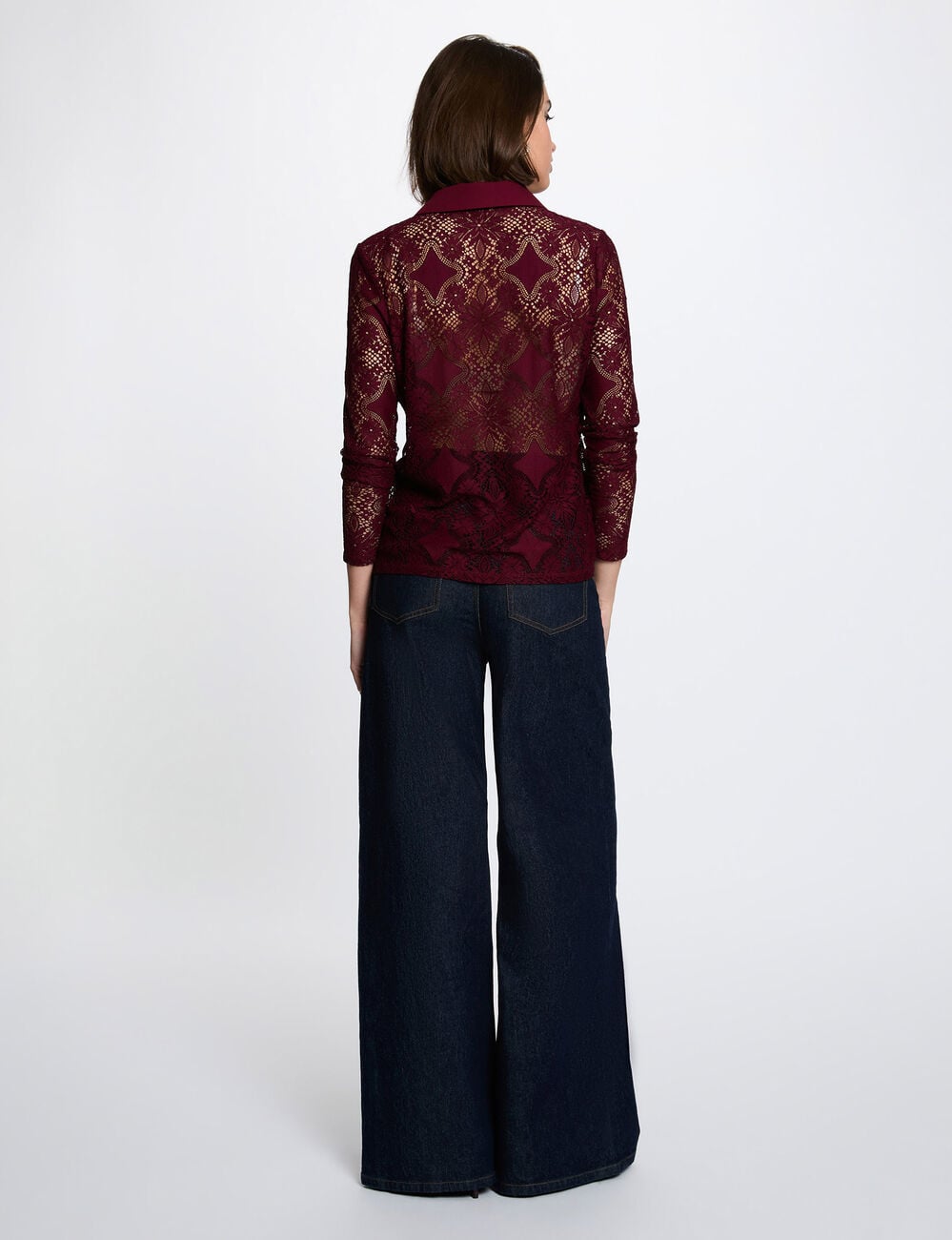 Chemise dentelle col &agrave; revers bordeaux femme