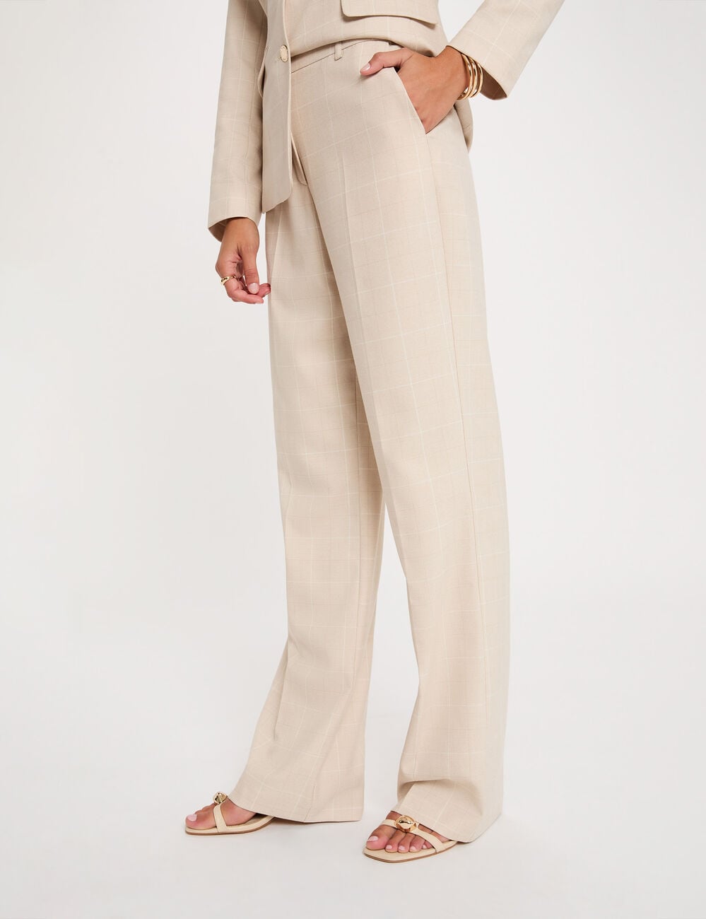 Pantalon droit taille haute beige femme
