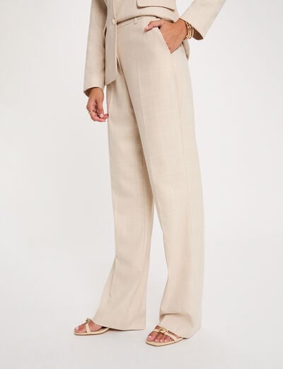 Pantalon droit taille haute beige femme