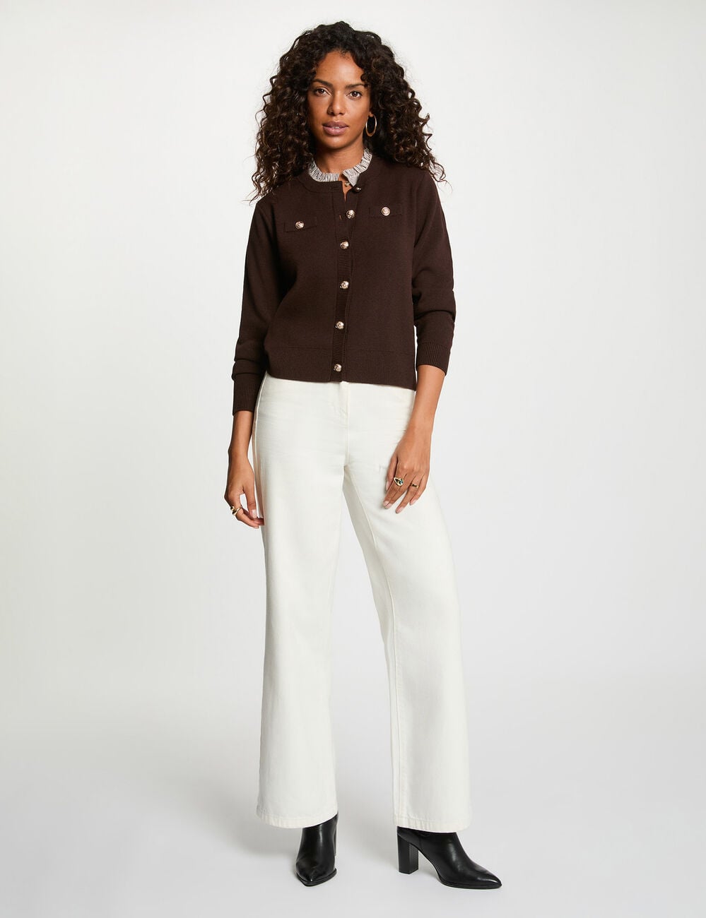 Gilet boutons bijoux marron fonc&eacute; femme