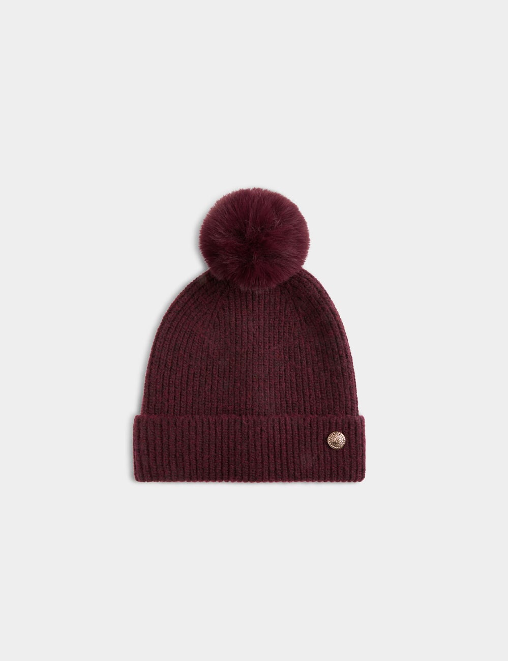 Bonnet maille bouton prune femme