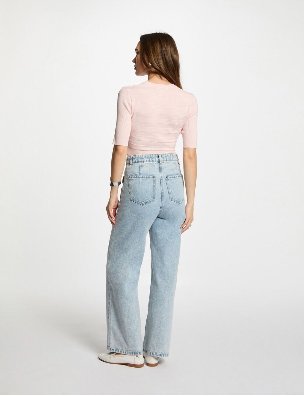 Pull col rond manches courtes rose clair femme