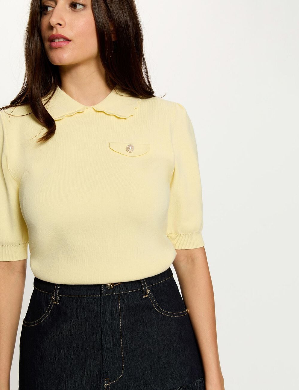Pull manches bouffantes jaune pastel femme