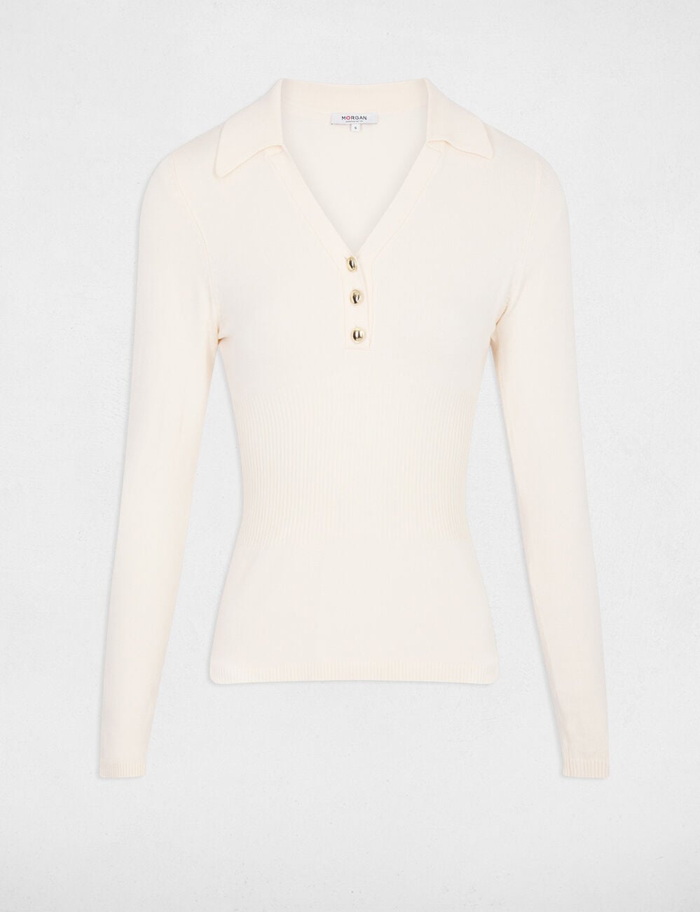Pull ajust&eacute; col polo ivoire femme