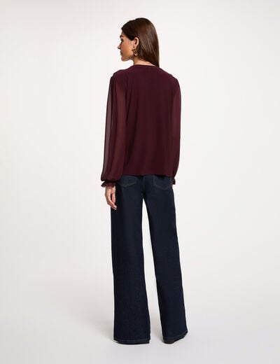 T-shirt voile col v prune femme
