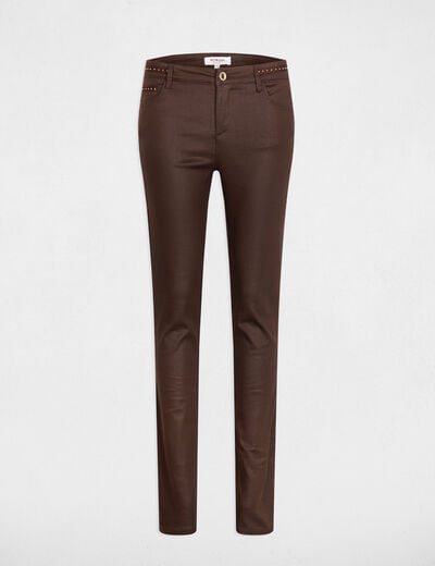 Pantalon slim enduit marron fonc&eacute; femme
