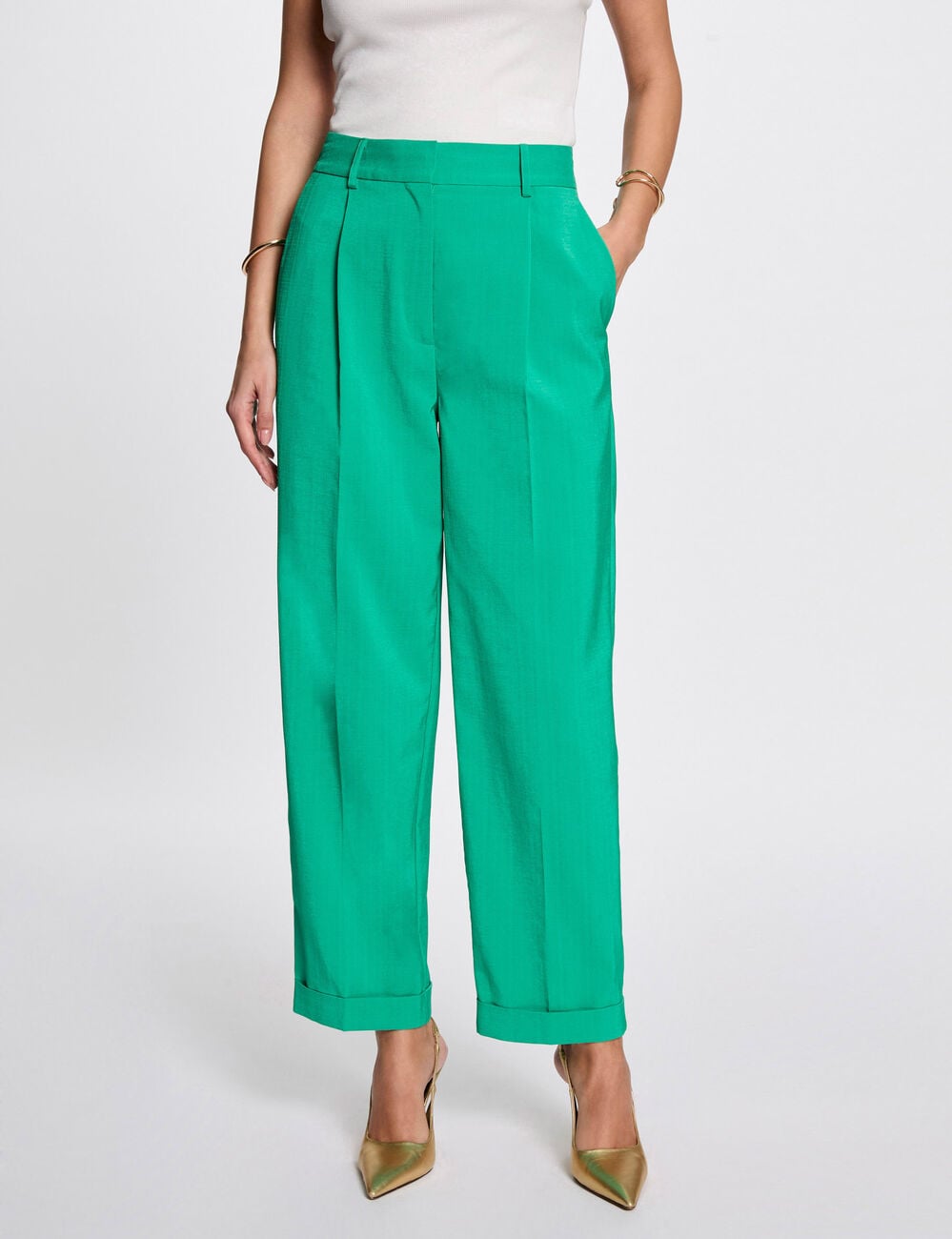 Pantalon droit &agrave; pinces vert &eacute;meraude femme