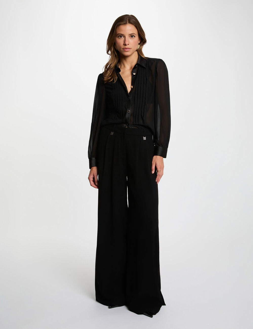 Chemise voile col &agrave; revers noir femme