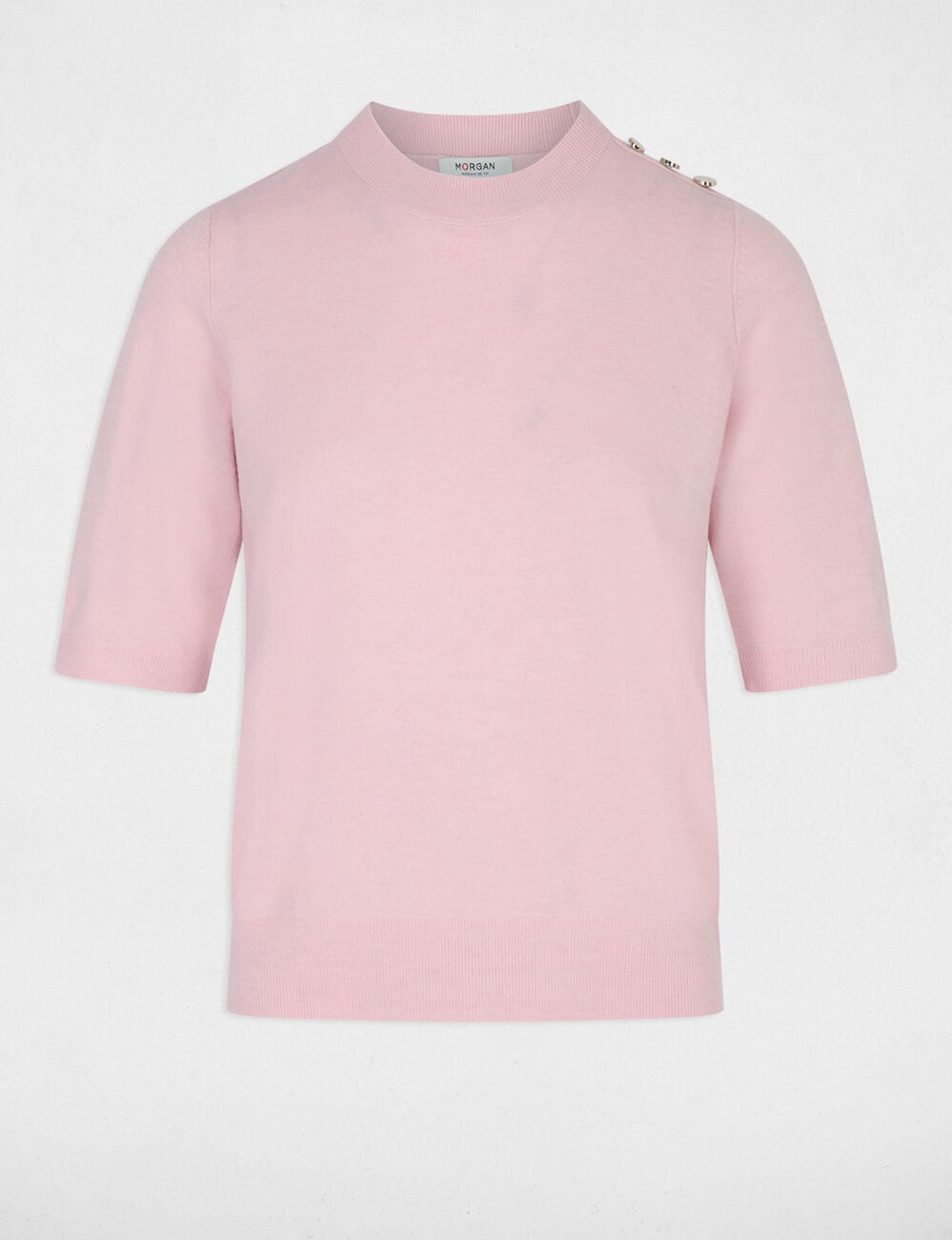 Pull col rond manches courtes rose pastel femme