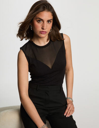 T-shirt cintr&eacute; sans manches noir femme