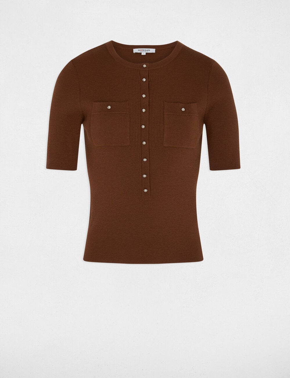 Pull col rond manches courtes marron chocolat femme