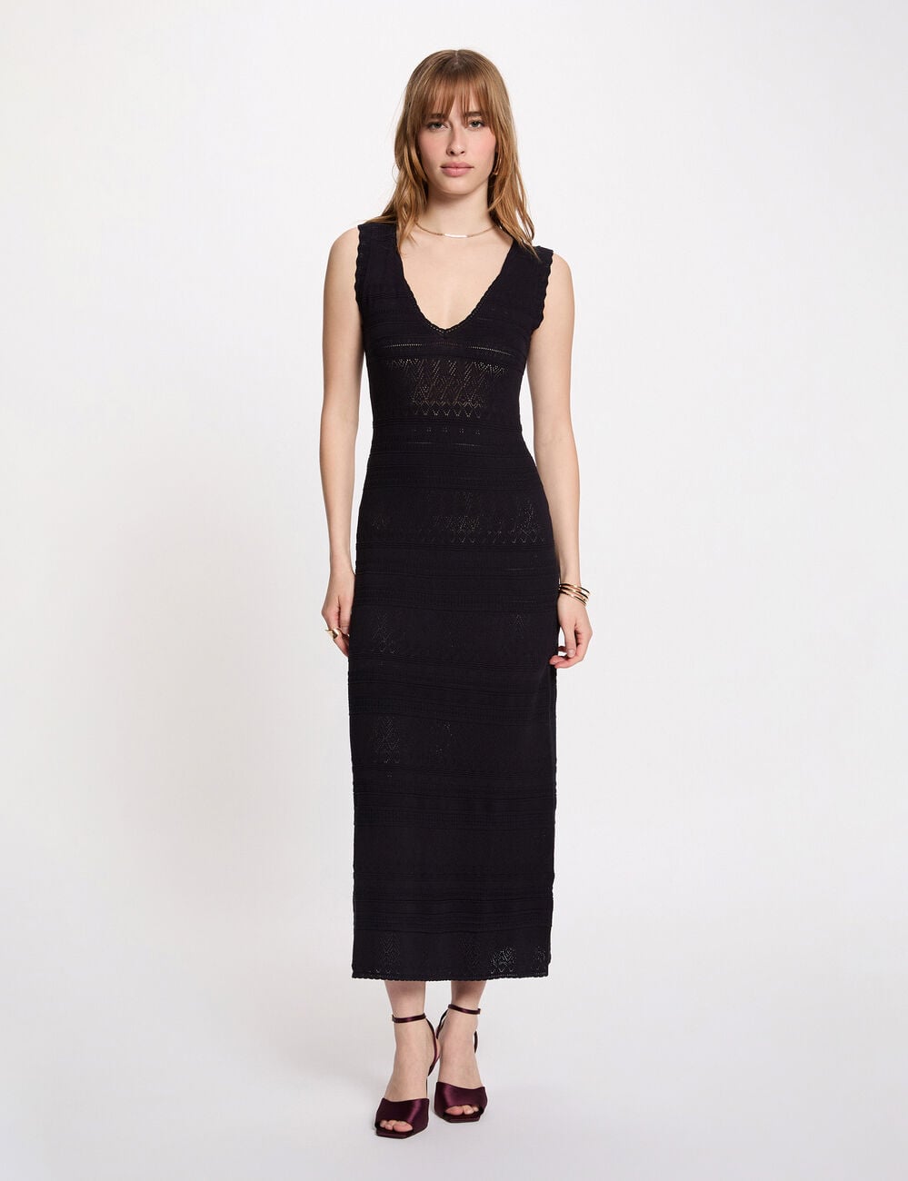 Robe tricot longue ajust&eacute;e bleu marine femme