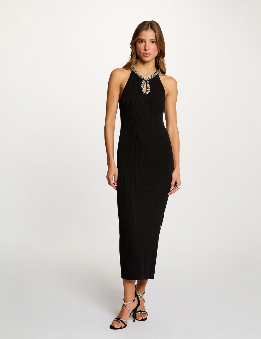 Robe tricot longue cintr&eacute;e noir femme