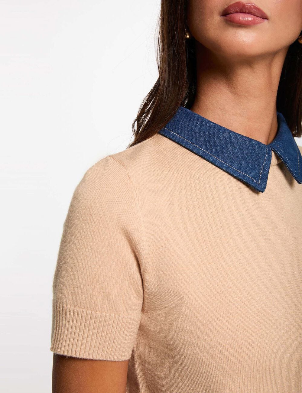 Pull col &agrave; revers camel femme