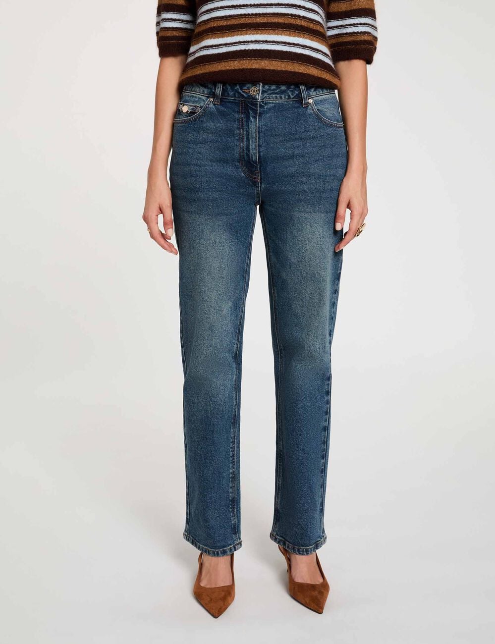 Jean droit taille haute denim stone femme