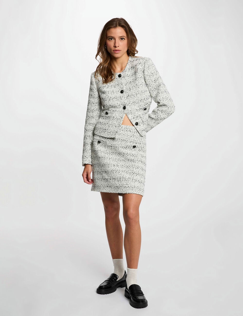 Jupe courte tweed ivoire femme