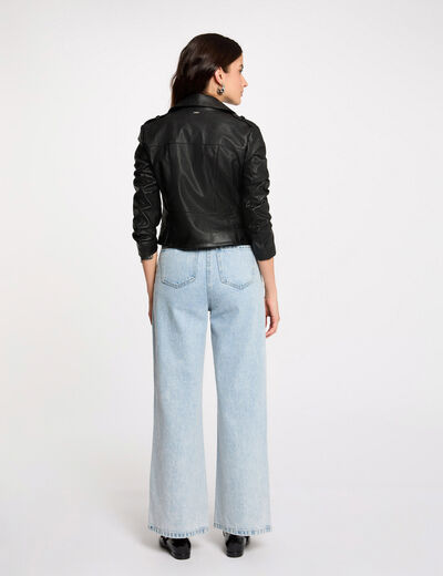 Blouson droit avec col crant&eacute; &agrave; revers noir femme