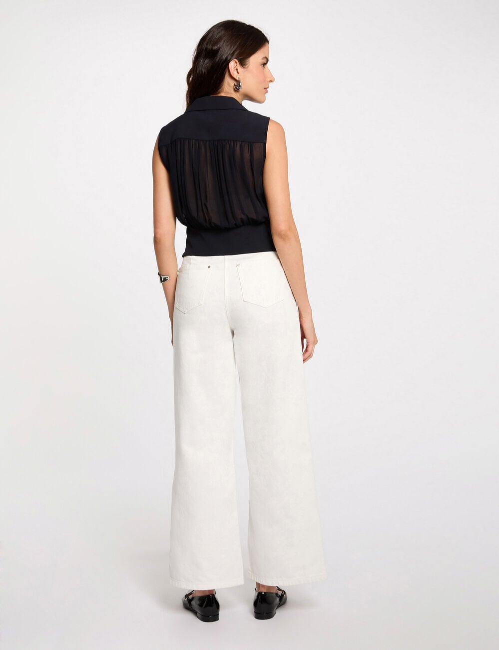 Top pliss&eacute; sans manches bleu marine femme