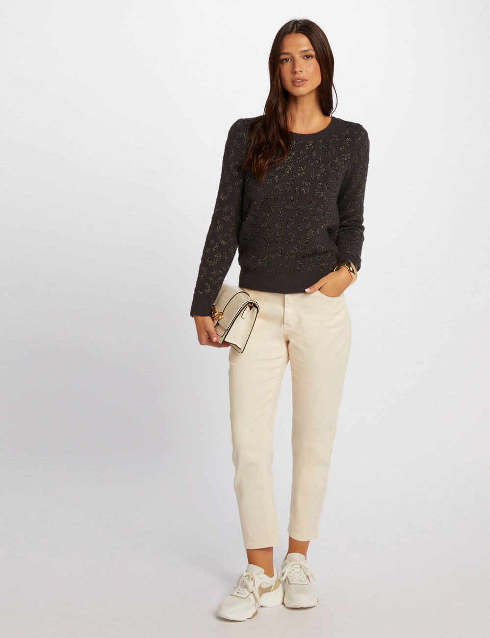 Pull col rond imprim&eacute; gris anthracite femme