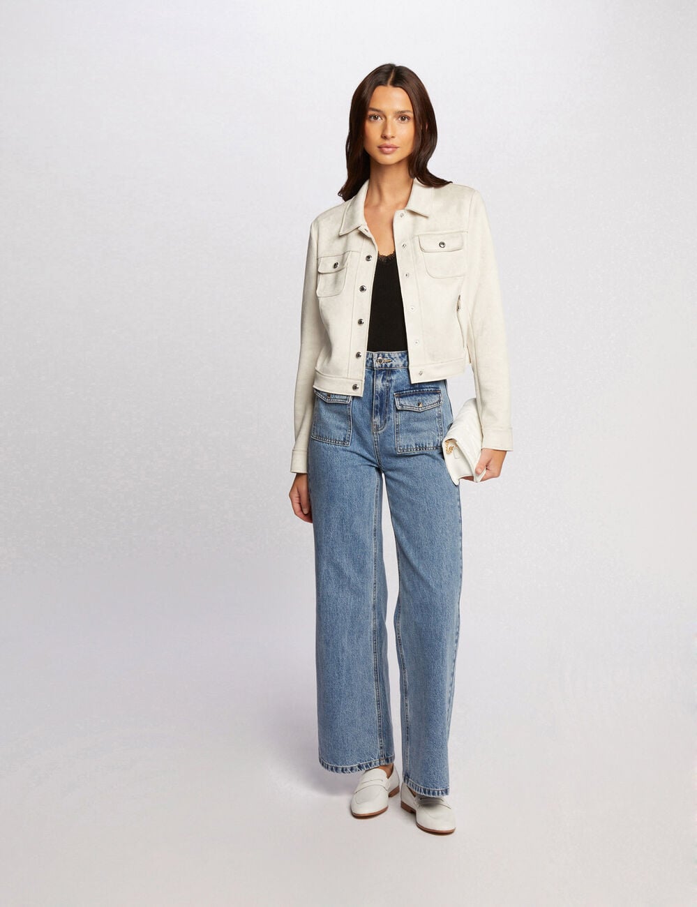 Blouson su&eacute;dine boutonn&eacute; ecru femme