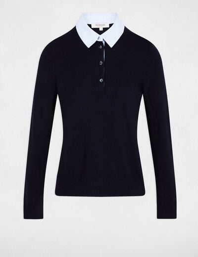 Pull col chemise bleu marine femme