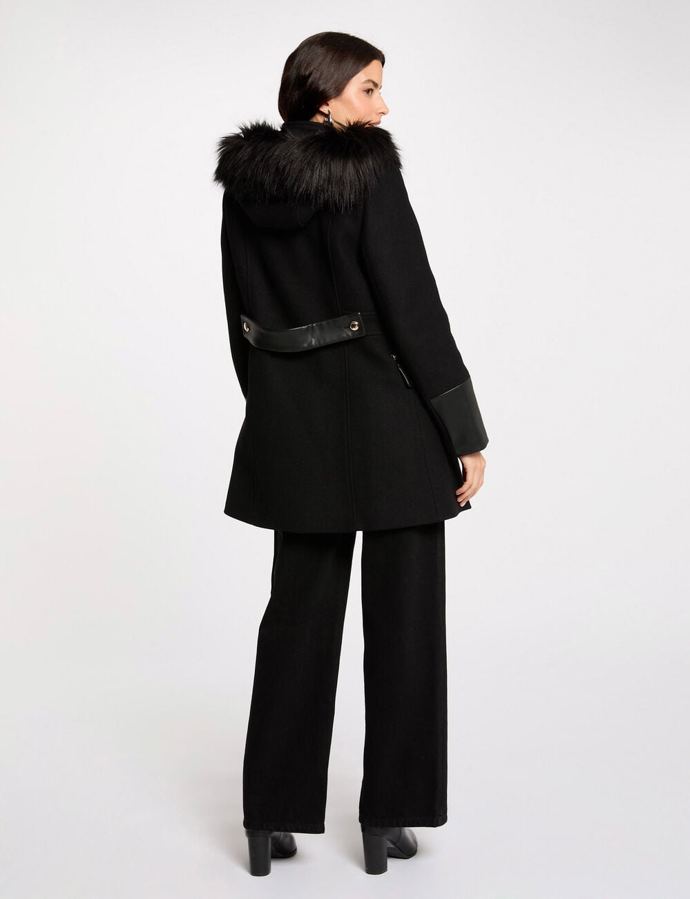 Manteau droit zipp&eacute; &agrave; capuche noir femme
