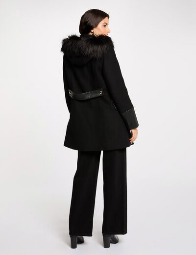 Manteau droit zipp&eacute; &agrave; capuche noir femme