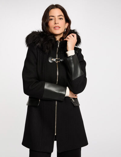 Manteau droit zipp&eacute; &agrave; capuche noir femme