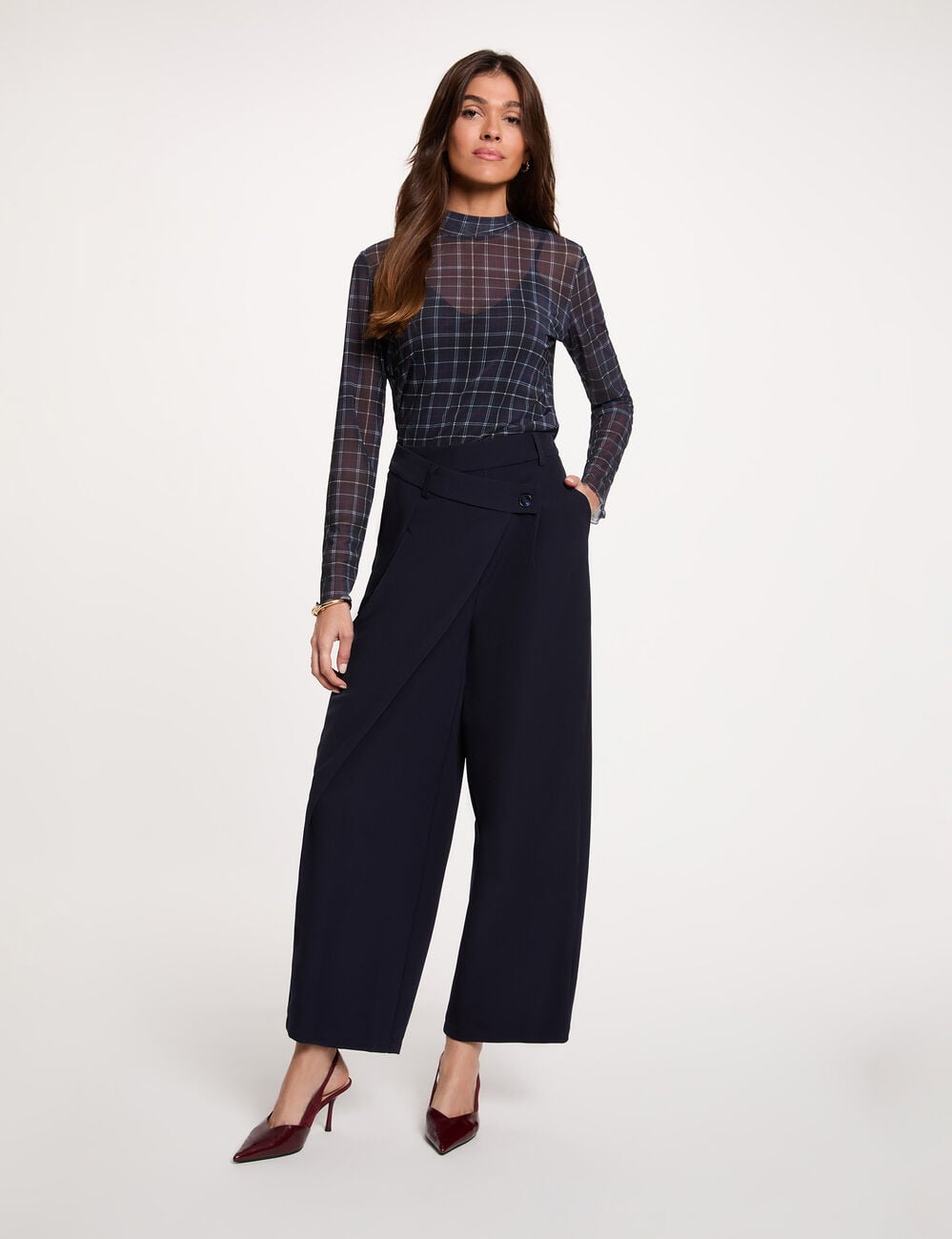 Pantalon large taille haute bleu marine femme