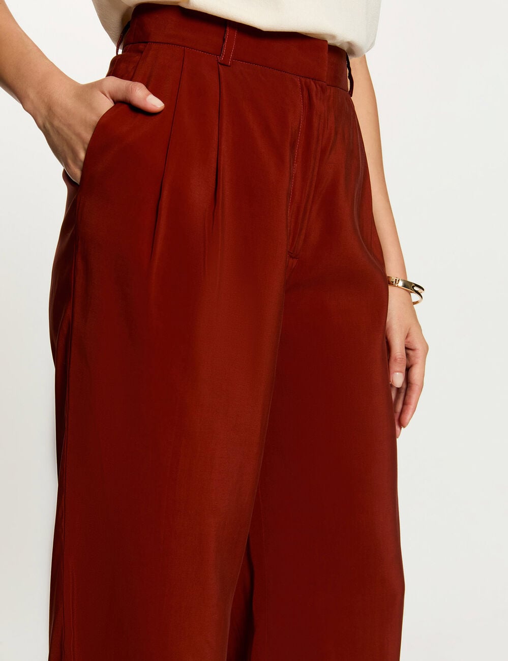 Pantalon large fluide marron cognac femme