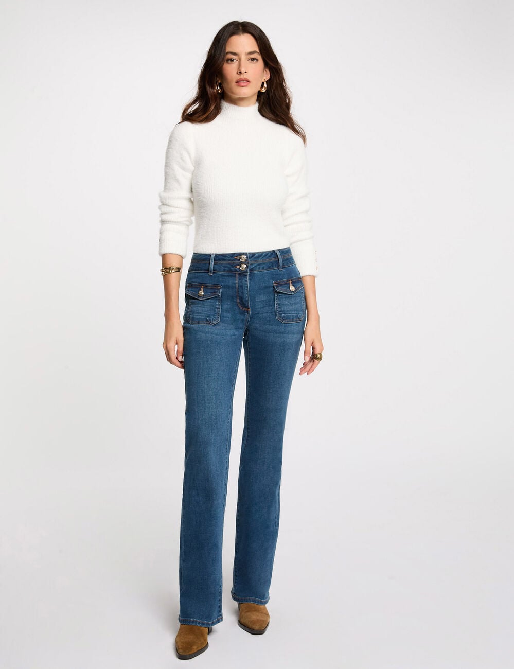 Jeans bootcut poches &agrave; boutons denim stone femme