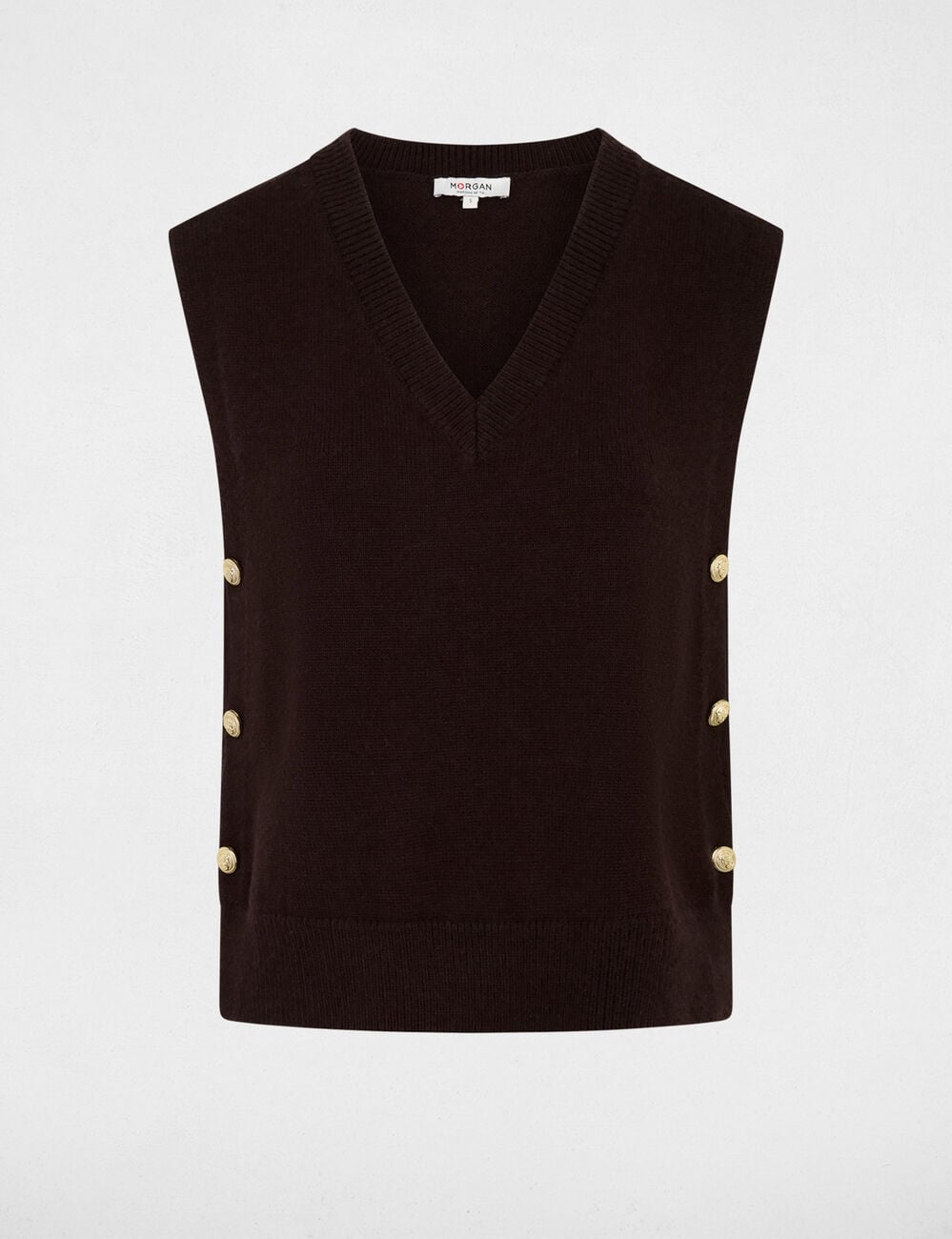 Pull sans manches col v marron fonc&eacute; femme