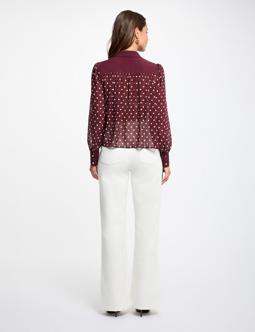 Chemise manches longues &agrave; pois bordeaux femme