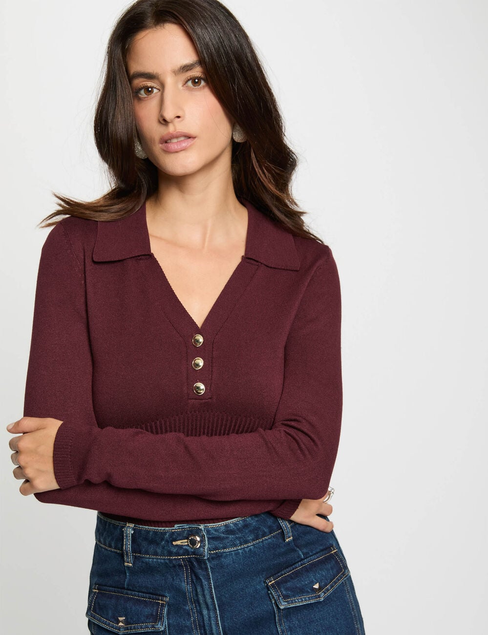 Pull ajust&eacute; col polo prune femme