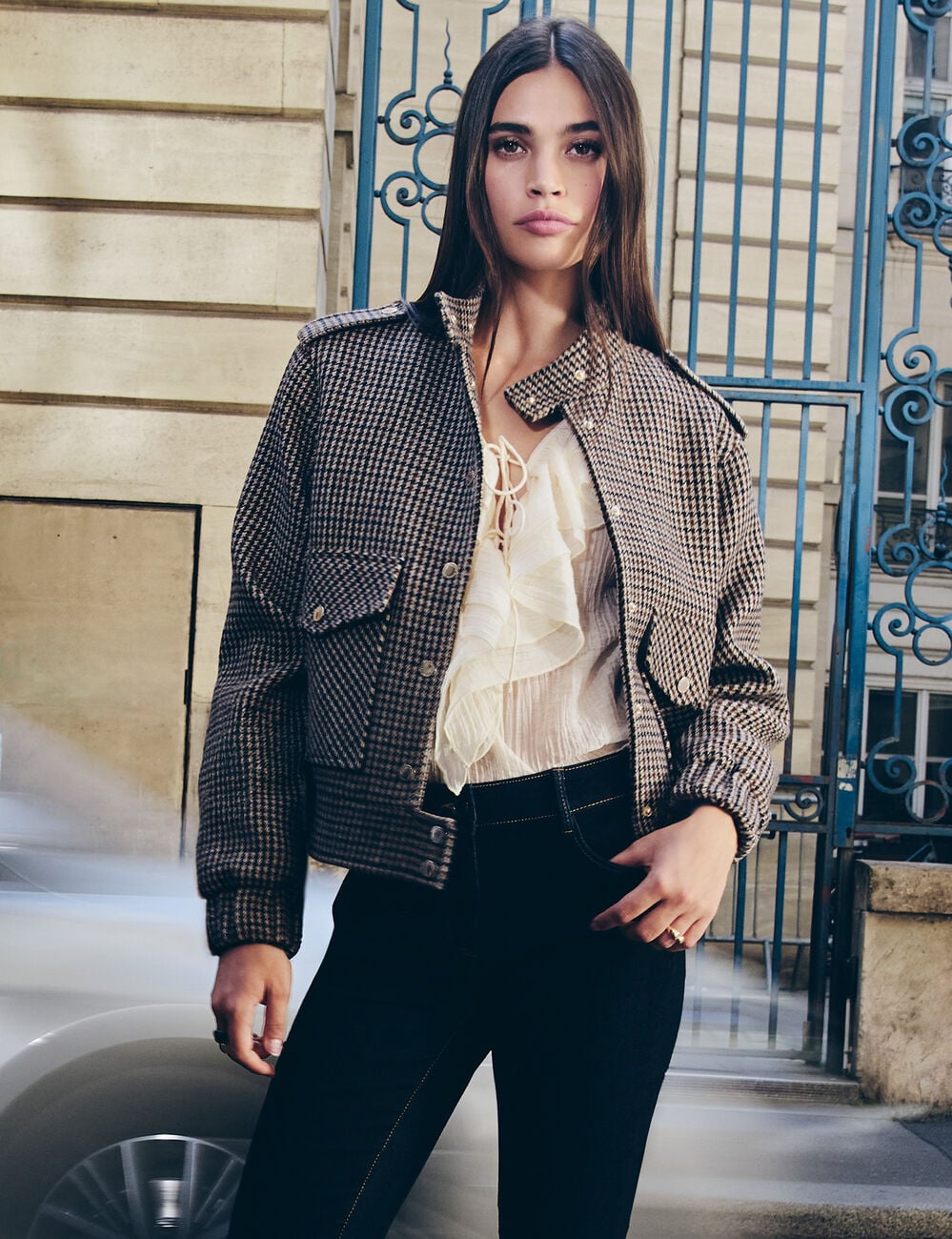 Blouson tweed col mao multicolore femme