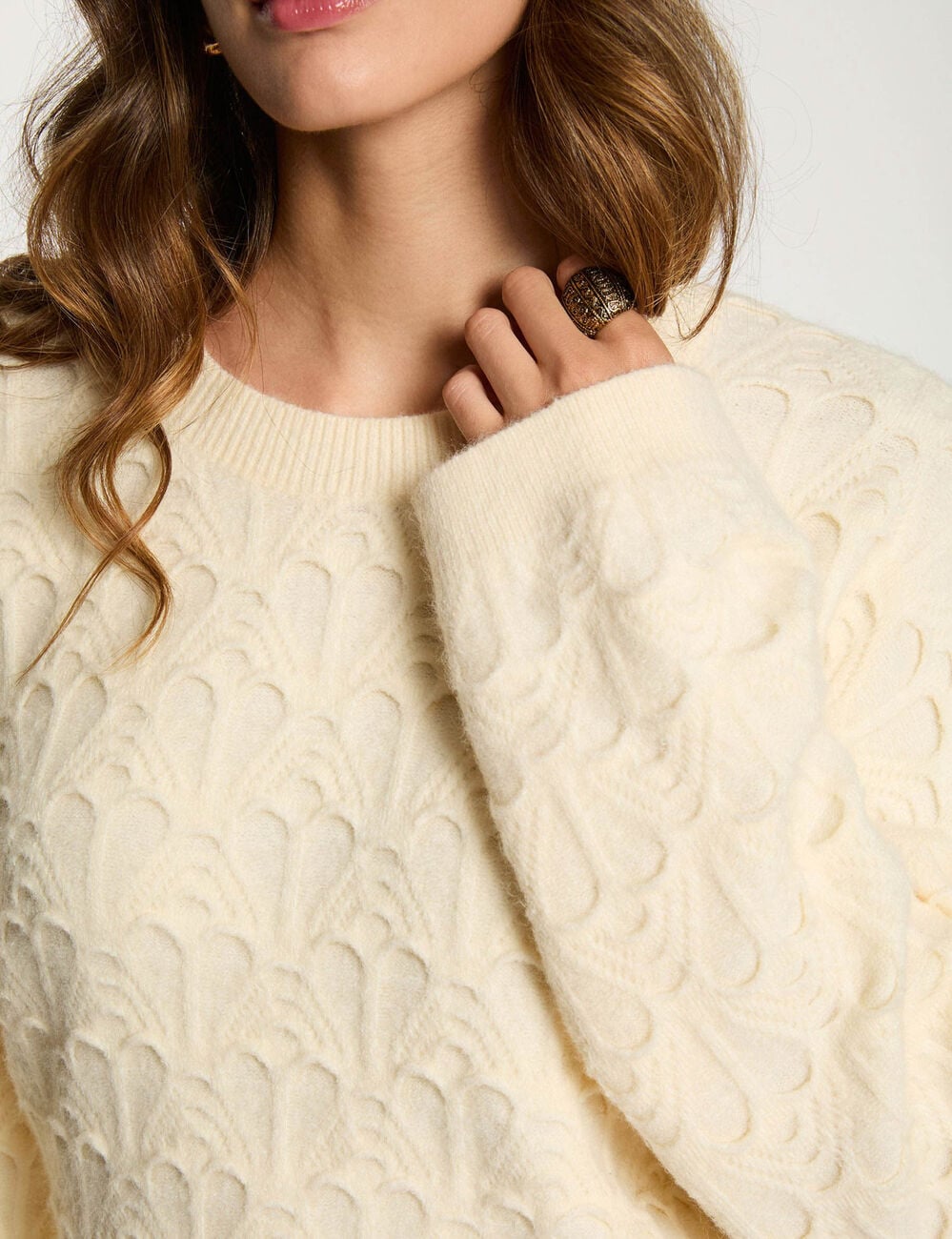 Pull col rond fantaisie ivoire femme